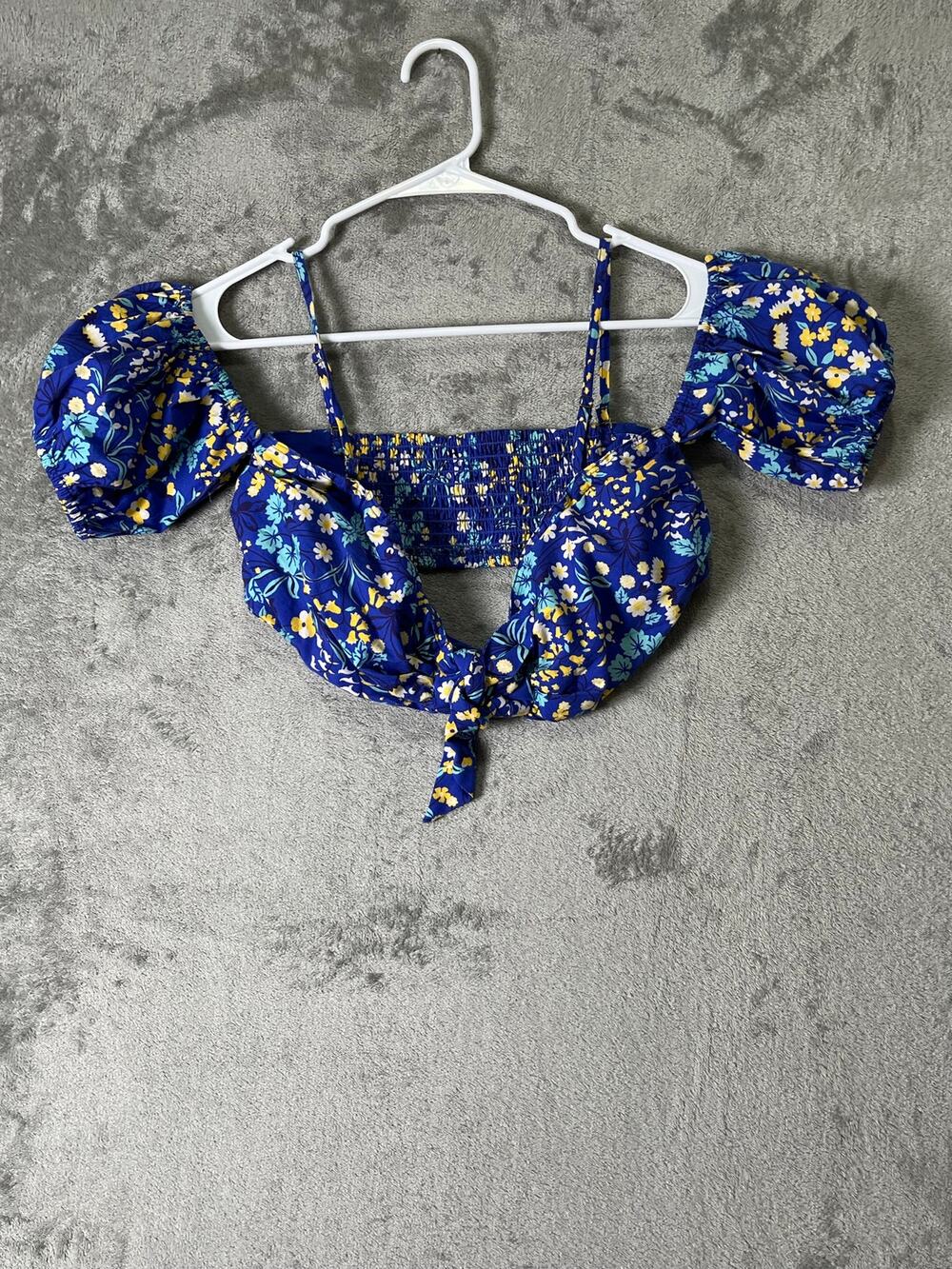 Maeve by Anthropologie Blue Floral Puff Sleeve Tie Front Crop Top Women’s Small